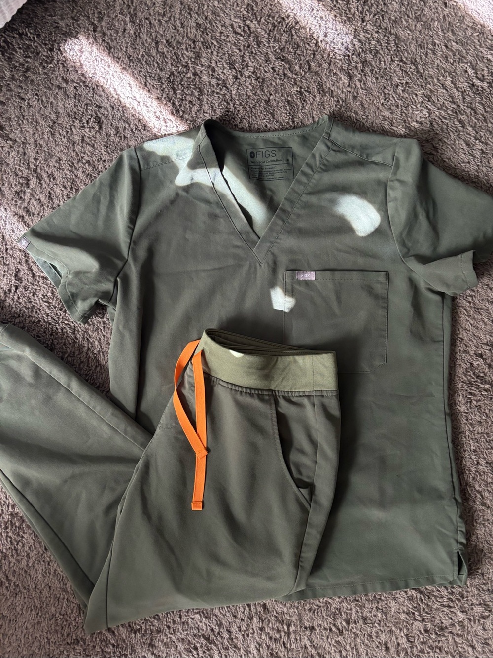 Figs Olive Green Scrub Set with Orange Drawstring - Picture 1 of 3